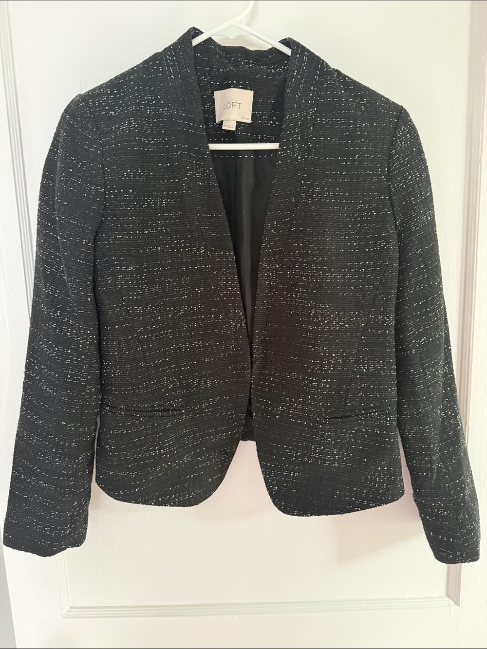 LOFT Black Tweed Open-Front Blazer with Metallic Thread